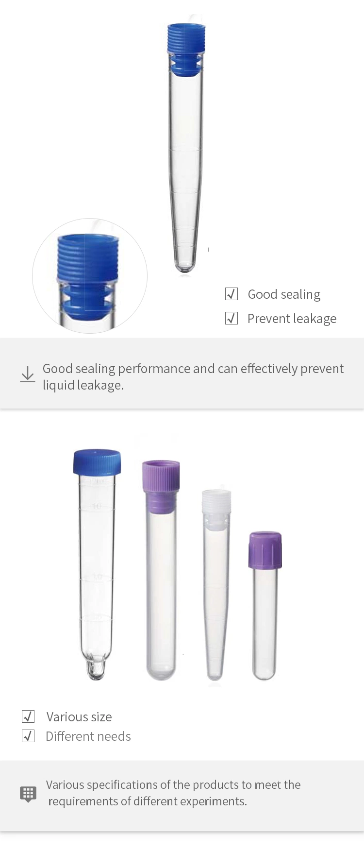 Laboratory Consumables Plastic Test Tube 12*75 12*100 13*75 13*100 15*100 16*100 16*150mm PE PP PS Transparent Test Tubes with Various Color Caps